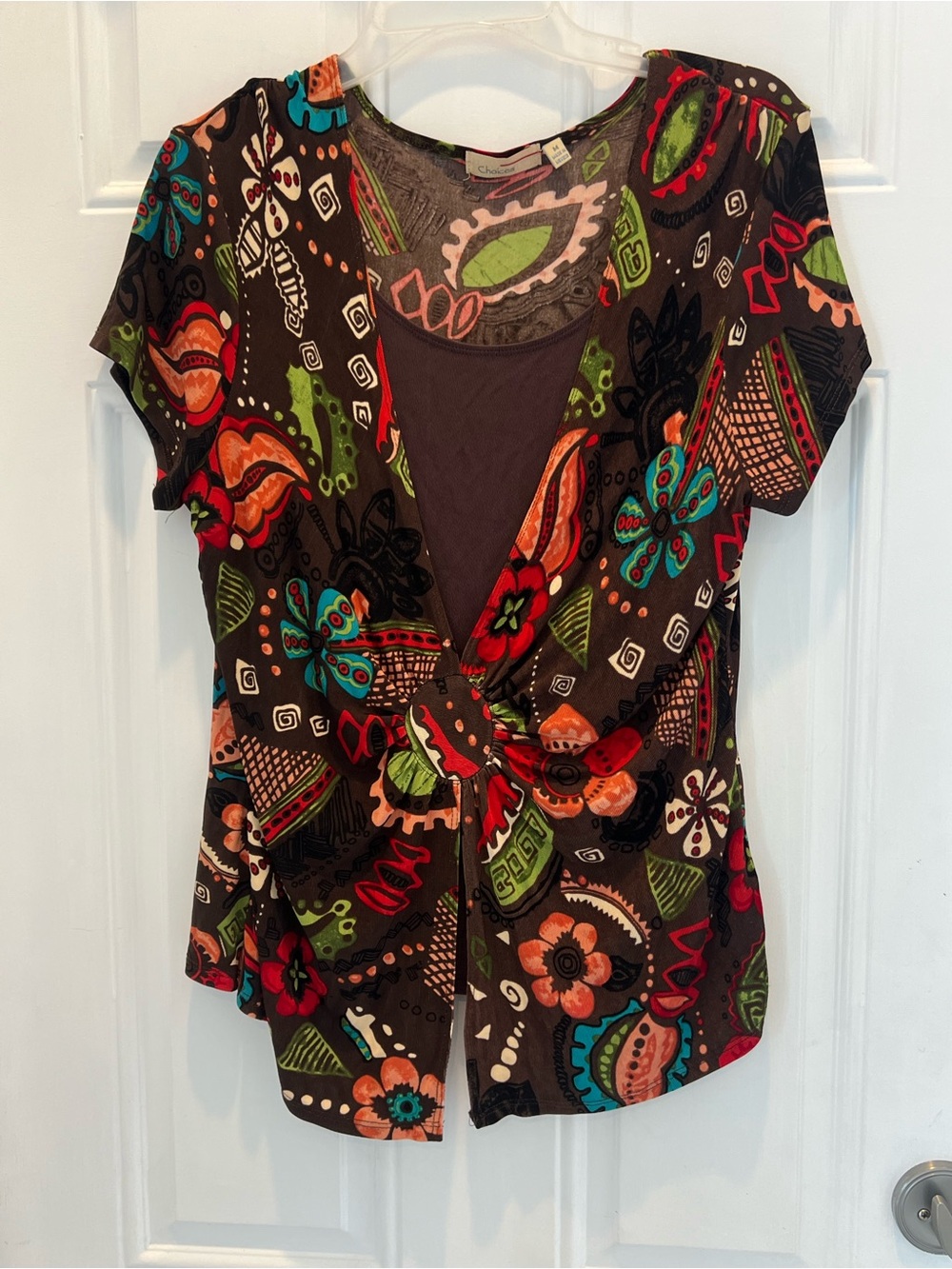 Vintage Choices Womens M Multicolor Floral Print Stretch Top W/ Knot Detail #471